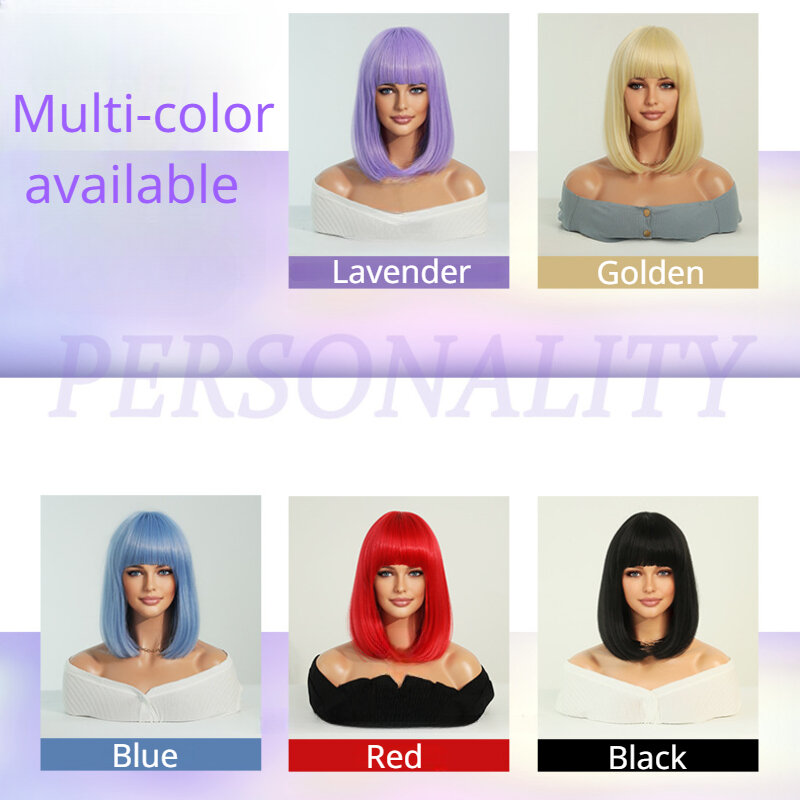 Short Hair Straight Bob Cut for Women with Bangs Heat Resistant Wig Cosplay Daily Use Role Play Wear and Go Glueless Wigs