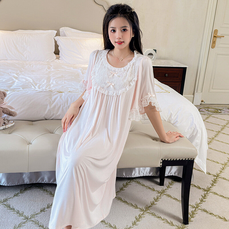 Женская летняя ночная рубашка с коротким рукавом и круглым вырезом, милые кружевные длинные ночные рубашки принцессы, свободные дизайнерские домашние платья, ночная рубашка