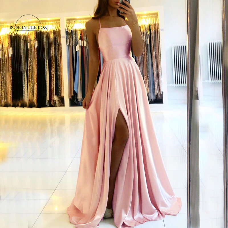 女性のためのエレガントなピンクのロングドレス,裸の背中とサイドスリットを備えたセクシーなサテンのイブニングドレス,2023コレクション