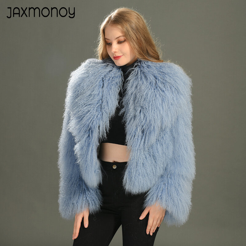 Jaxmonoy-abrigo de piel mongol para mujer, chaqueta cálida y esponjosa de Color sólido, abrigo corto con cuello vuelto grande, novedad de invierno