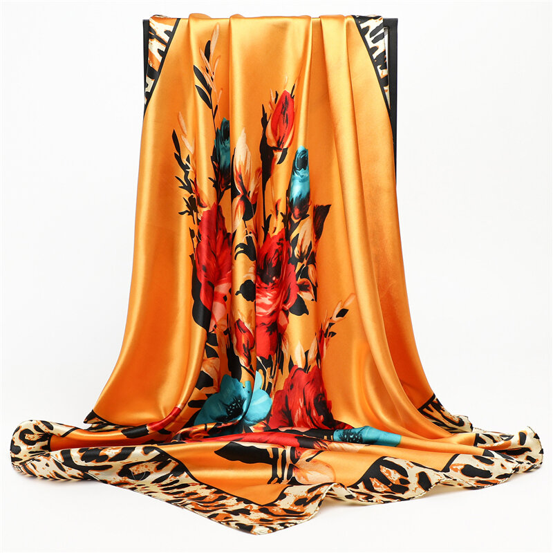 Bufanda cuadrada de satén de seda para mujer, pañuelo estampado de moda de 90x90cm, chal musulmán, diadema, pañuelo suave para playa de verano, 2022
