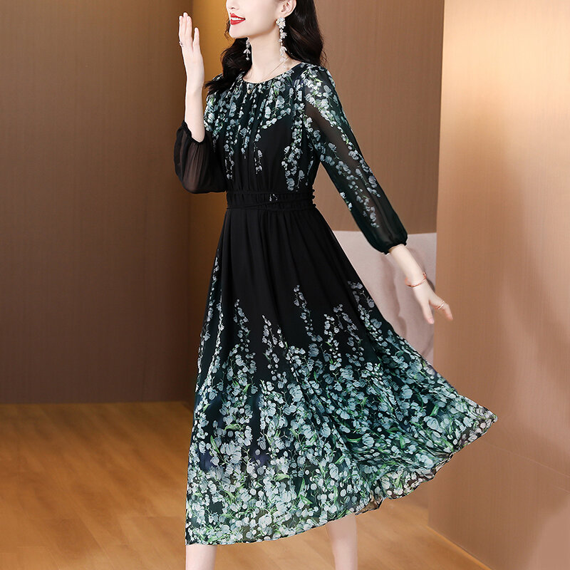2023 Spring/Summer O-Neck Printed Silk Bubble Sleeves Large Size Dress for Women's Bohemian Loose Waist Slim Knee Length Skirt