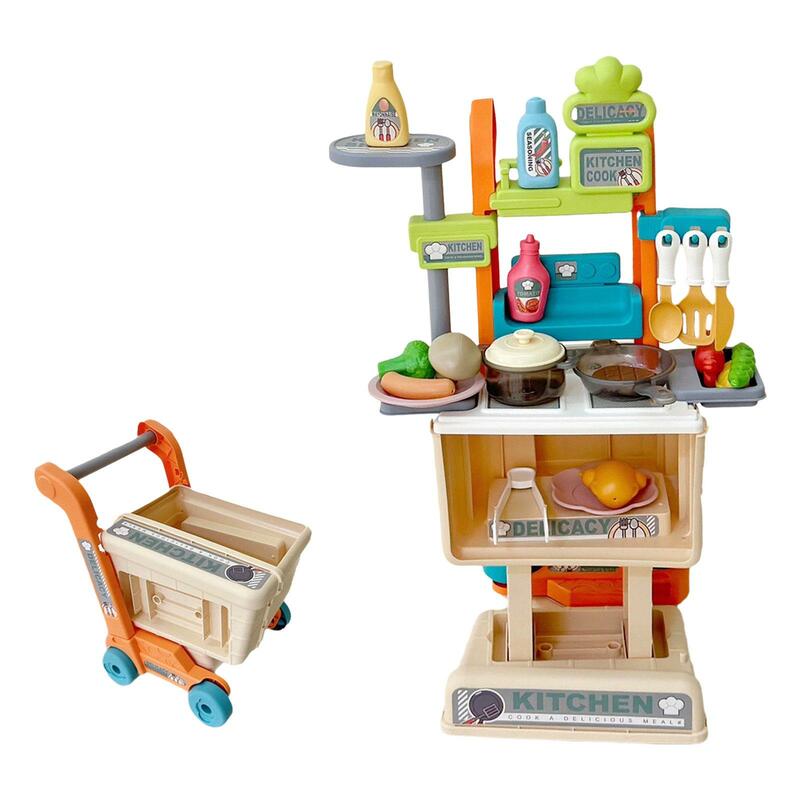 Kids Playset Interactive Children's Kitchen Trolley Funny Pretend Play Kitchen for Birthday Gift Activities Party Favors Indoor