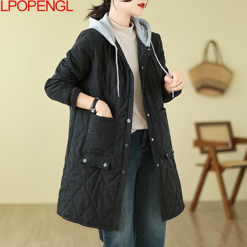Fashion Autumn And Winter Down Cotton Jacket New Women's Mid-length Diamond Plaid Loose Single Breasted Streetwear Hooded Coat
