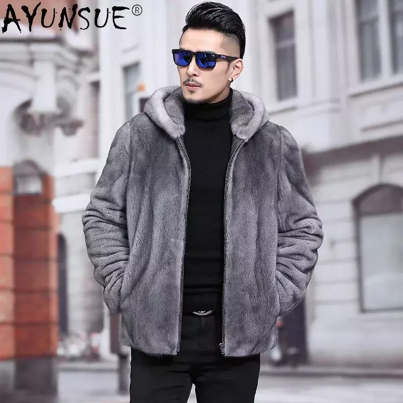 AYUNSUE шуба из натурального меха норки, Теплая мужская зимняя куртка с капюшоном, мужское меховое пальто, короткие норковые меховые куртки и пальто, мужские пальто, SGG