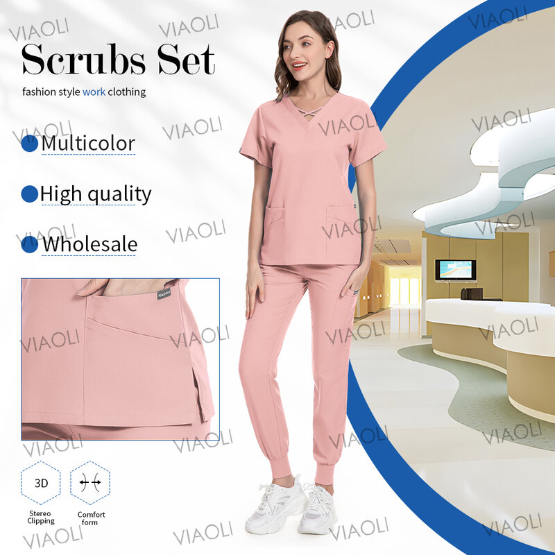 XS-XXL Set Women Medical Uniforms Scrub Set Nurse Doctor Esthetician-Workwear Stretchy Scrub Top +Jogger Pants with Many Pockets