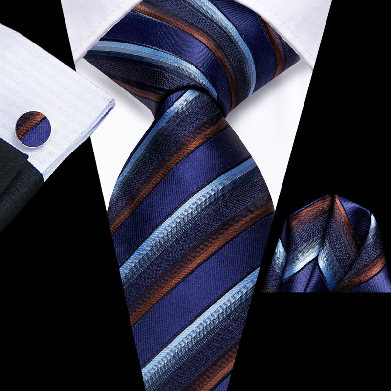 Hi-Tie นักออกแบบลายทางสีน้ำเงินเน็กไทที่สง่างามสำหรับผู้ชายแฟชั่นแบรนด์งานแต่งงานเนคไท handky cufflink ขายส่งธุรกิจ