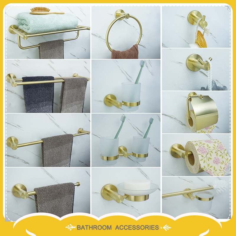 Wall Mounted Towel Rack Single Rod Ring Clothes Hook Toilet Paper Holder Soap Dish Stainless Steel Brushed Gold