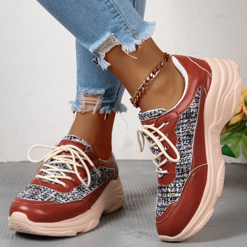 2024 Spring Chunky Non-slip Sport Shoes Comfort Lace-up Ladies Shoes PU Canvas Splic Sneakeers ZapatosFashion Women's Sneakers