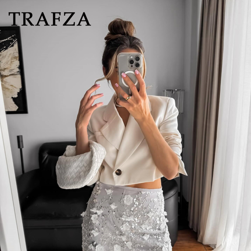 TRAFZA-primavera verão senhora do escritório blazers curtos, moda casual sólida único botão encolher de ombros, elegantes casacos chiques, 2022