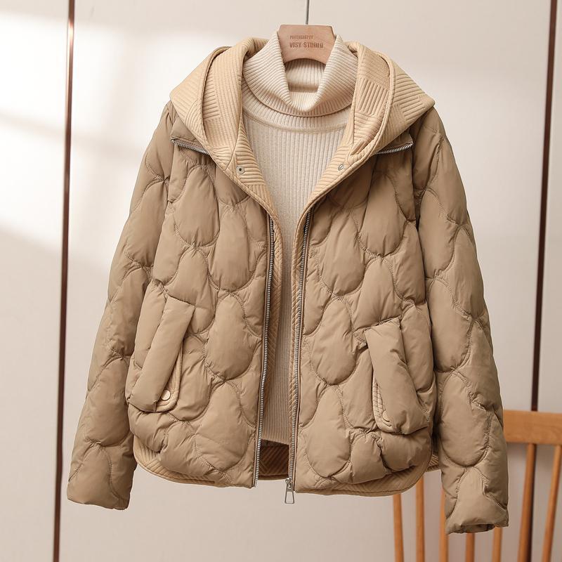 Jaket wanita bertudung hangat, mantel katun wanita dua potong berlian kotak-kotak hangat musim gugur/dingin 2023