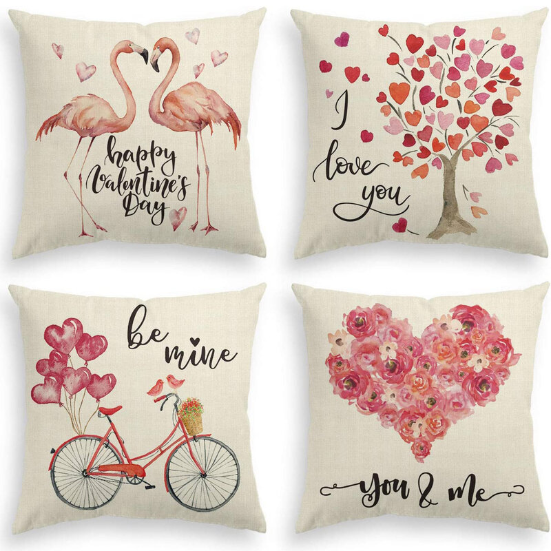 4Pcs Valentine's Day Pillowcase Pink Heart Cushion Cover Happy Valentine's Day Party Decor For Home Hotel Sofa Car Cushion Cover