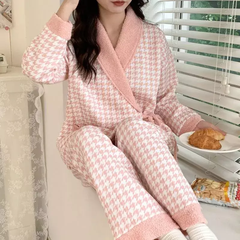 Air Cotton Confinement Clothing Women Large Size Thicken Cotton Padded Nightgown Suit Autumn Winter Warm Female V-neck Homewear