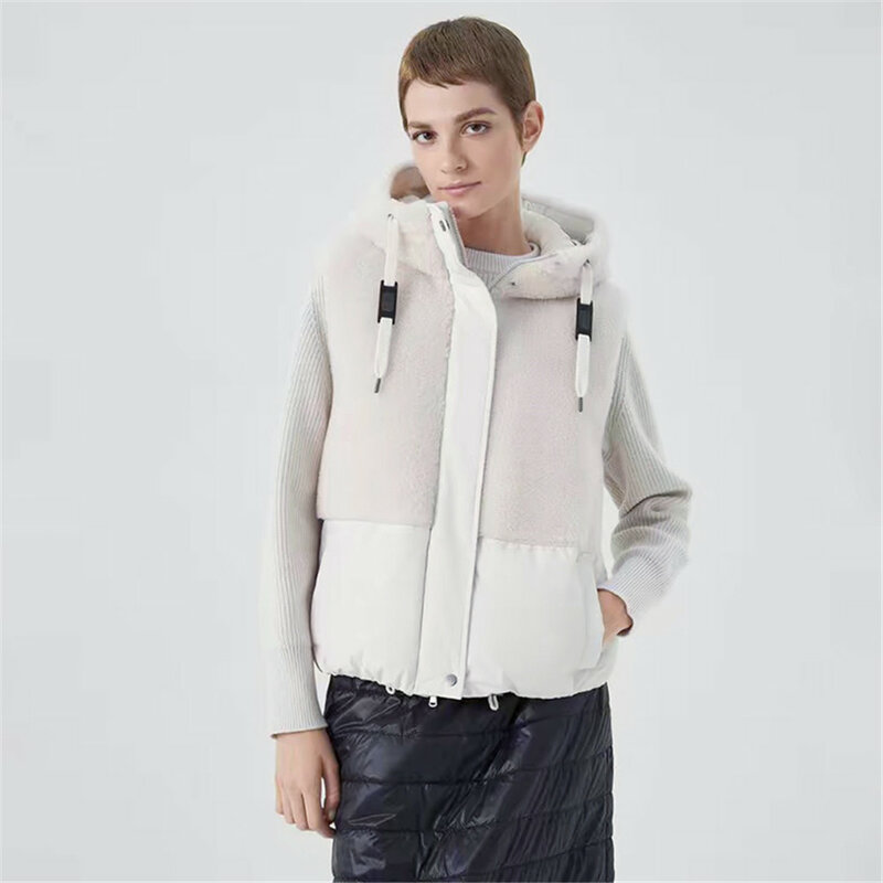 B*C New Hooded Beading Chain Goose Down Vest Women Winter Fashion Warm Wool Patchwork Zipper Sleeveless Vest