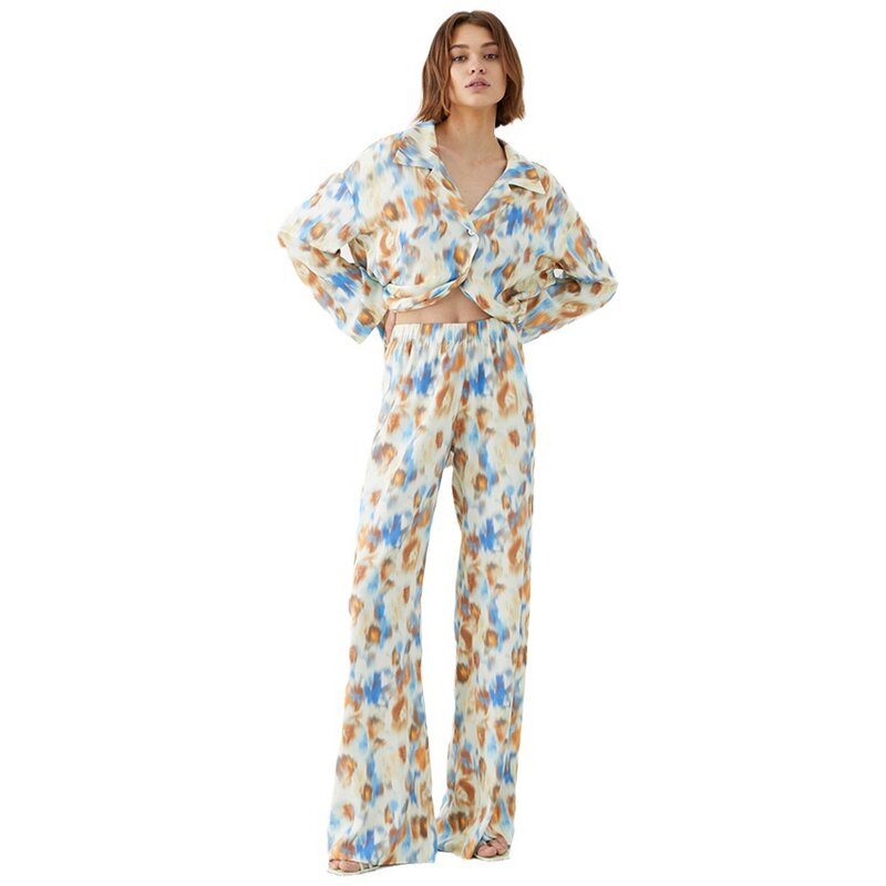 Fashionable Loose Women's Pajamas Sets Lapel Long-sleeve Cardigan Tops+Pants Two-pieces Printing Cotton Sleepwear Home Pyjamas