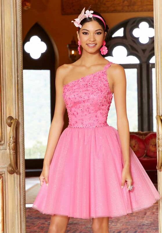 Mini vestido de noite de um ombro, Pink, M-584, Novo, 2024