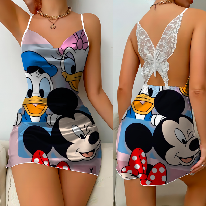 Piyama rok Backless gaun busur simpul gaun seksi Disney Mickey Satin permukaan Minnie Mouse mode Musim Panas 2024 pesta Mini