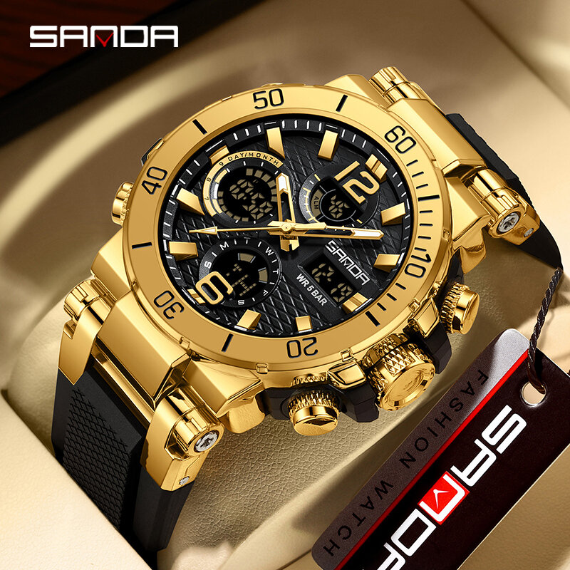 Sanda jam tangan Digital layar ganda pria, arloji 2024 dengan lampu malam, tahan air, Multifungsi, populer, Alarm, jam tangan pria 6167