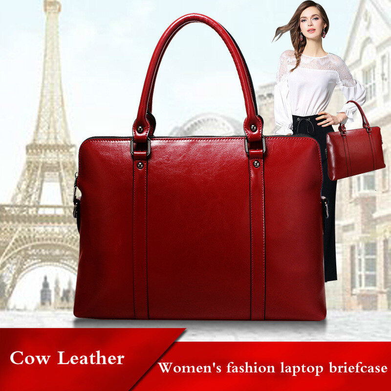 Luxury Genuine Leather Women's Briefcase High Capacity Laptop Tote Bag Vintage Ladies Handbags Female Shoulder Messenger Bags