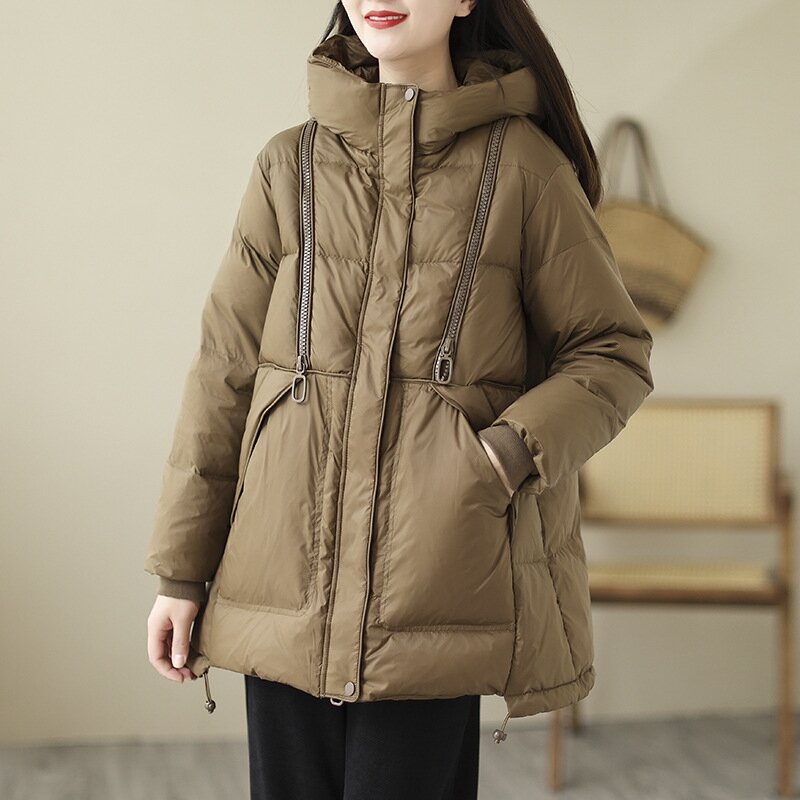 Women White Duck Down Jacket Casual Loose Over Size Autumn Winter Warm Luxury Outwear Hood zipper Coat 2023