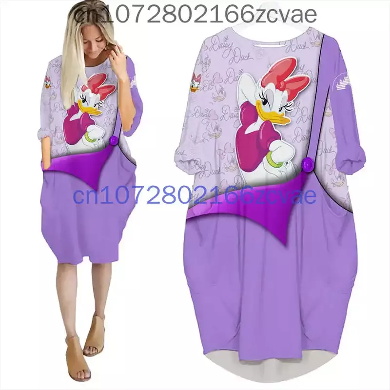 Daisy Duck Oversize Long Sleeves Pocket Dress Disney Cartoon Batwing Pocket Dress Women's Fashion Versatile Loose Party Dress