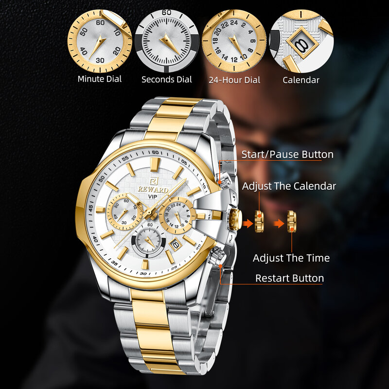 Nowy projekt REWARD VIP biznes zegarki męskie chronograf Luminous zegarki sportowe dla mężczyzn wodoodporny stal nierdzewna