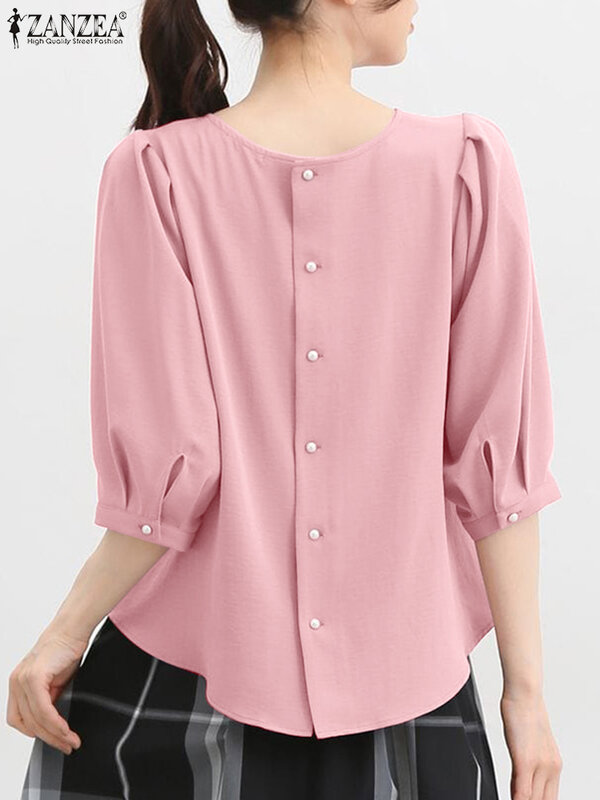 ZANZEA Vintage Solid Office Blouse Women 2024 Summer Puff 3/4 Sleeve Tops Chic Round Neck Shirt Elegant Back Buttons Blusa Tunic