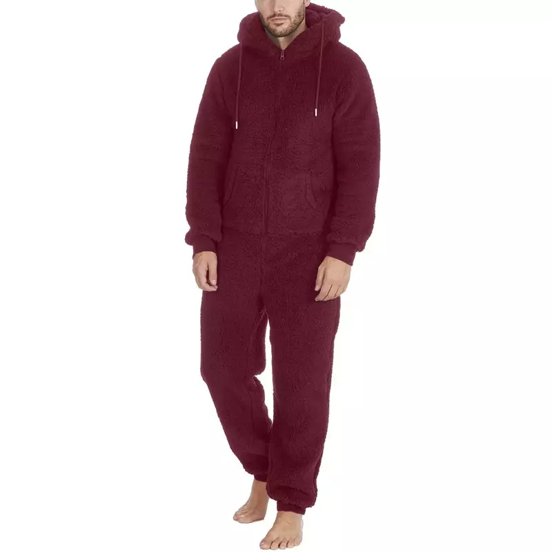 5xl Zipper Jumpsuit Plush Solid Onesies Men Warm 2023 Plus Sleeve Hooded Pajamas Drawstring New Pocket Pajamas Winter Long