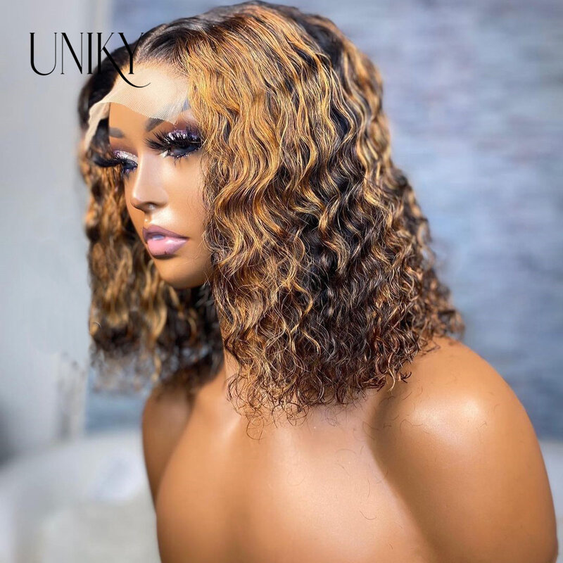 Peluca de cabello humano rizado corto para mujer, postizo de encaje Frontal 13x4 con reflejos, Color degradado, onda profunda brasileña, cierre Frontal