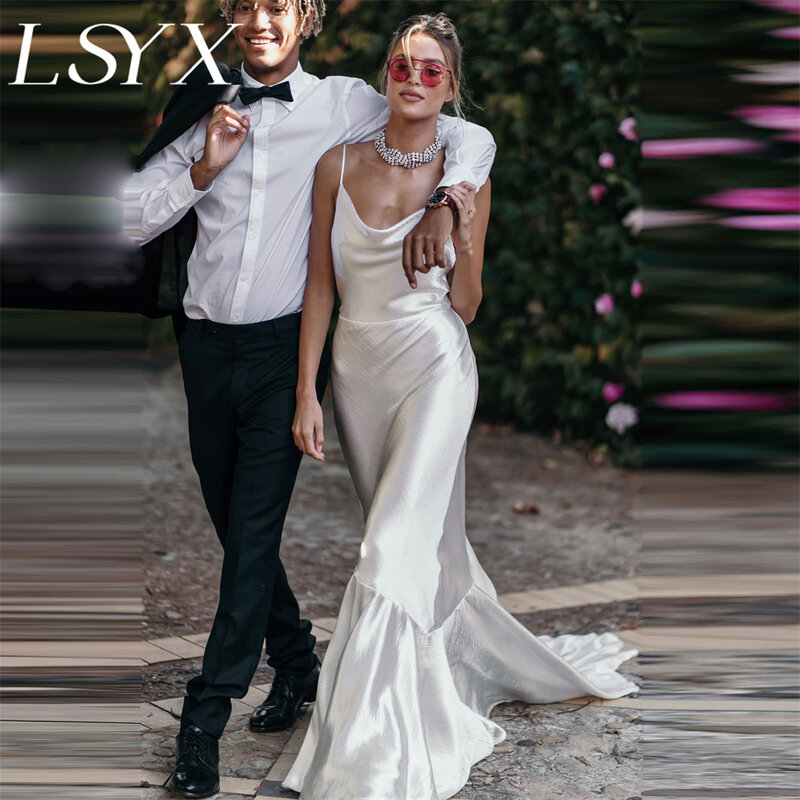 LSYX gaun pengantin tanpa lengan leher V tali Spaghetti sederhana gaun pernikahan putri duyung gaun pengantin panjang lantai kereta punggung potongan belakang