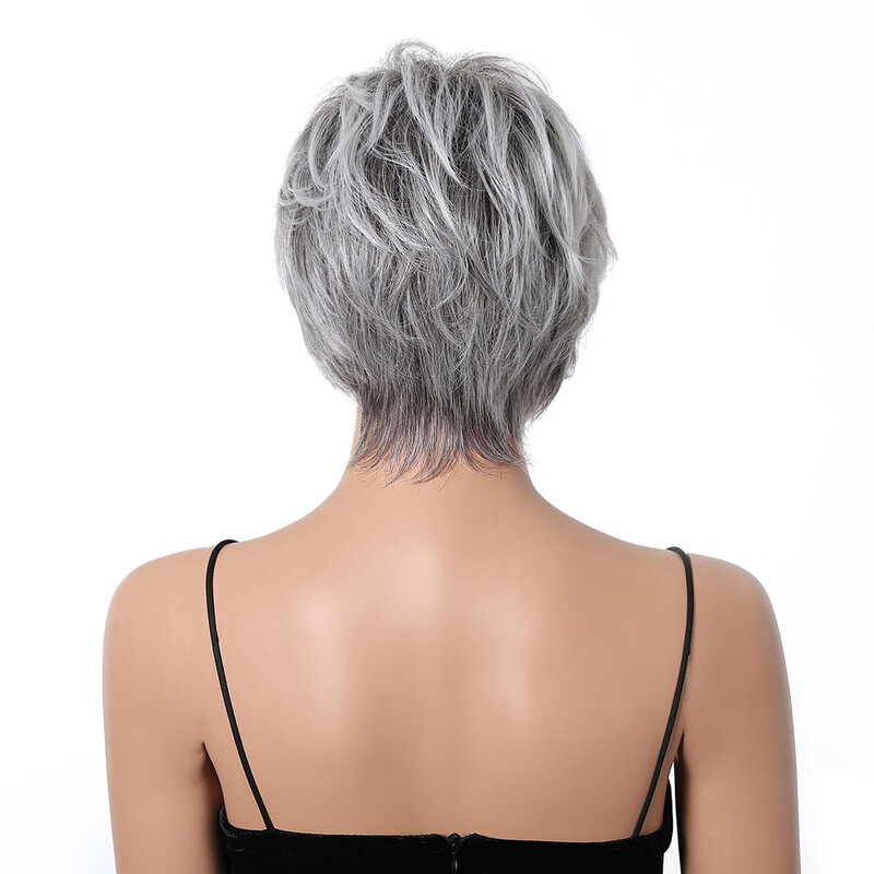 Pelucas sintéticas de corte Pixie corto para mujer, pelo liso en capas con 30% cabello humano, pelo esponjoso de mezcla Natural, color gris plateado