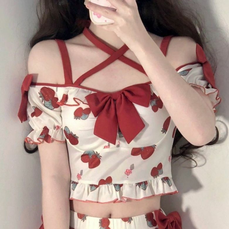 Bộ Áo Váy Mùa Hè Đáng Girlish Ngọt Đơn Giản Tất Cả Trận Đấu Thời Trang Hàn Quốc Thoáng Mát Gợi Cảm Nhẹ Nhàng Ôm Nơ Miếng Dán Cường Lực Mujer áo Thun