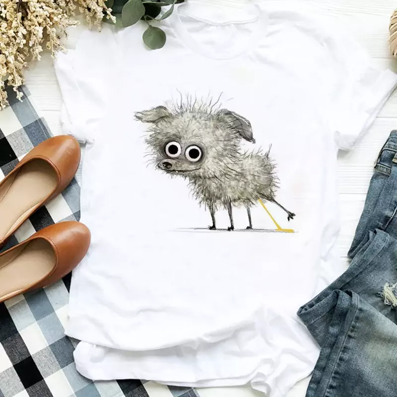 T-shirt femme imprimé dessin animé, humoristique, simple et astronomique, chat, chien, éléphant