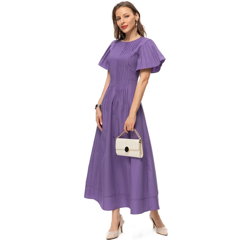 Женское летнее дизайнерское однотонное платье с круглым вырезом и коротким рукавом