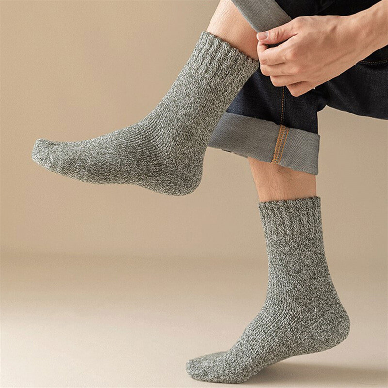 ถุงเท้าหนาพิเศษสำหรับผู้ชายถุงเท้าขนสัตว์ลายทางถุงเท้าให้ความอบอุ่นสำหรับฤดูหนาวหิมะหนาว