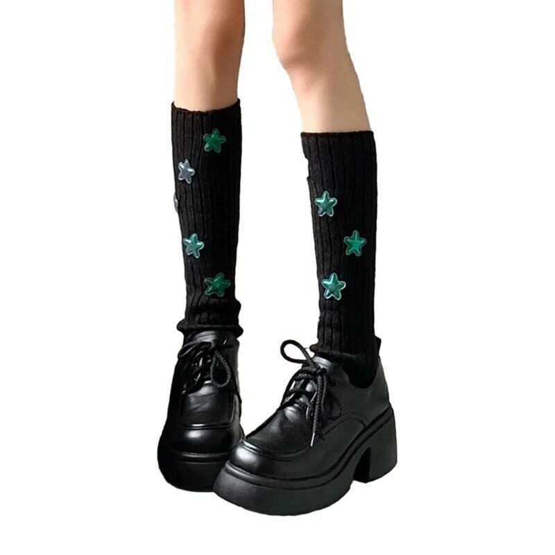 Estilo japonês y2k menina feminina malha perna mais quente estrela applique meias streetwear