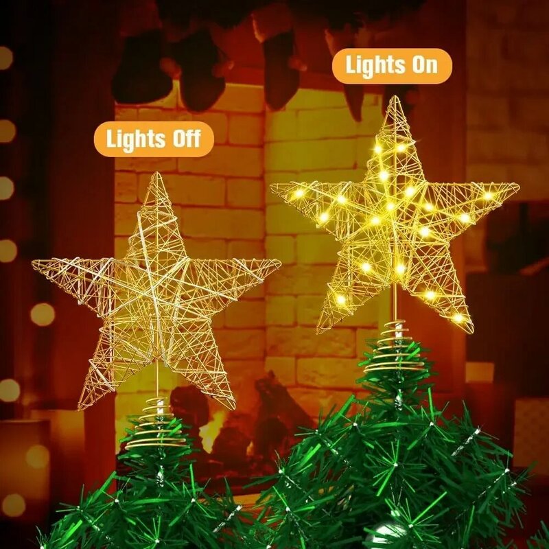 Iron Glitter Powder Christmas Tree Topper Star with LED Copper Wire Lights Merry Christmas Tree Decor for Home Navidad Ornaments