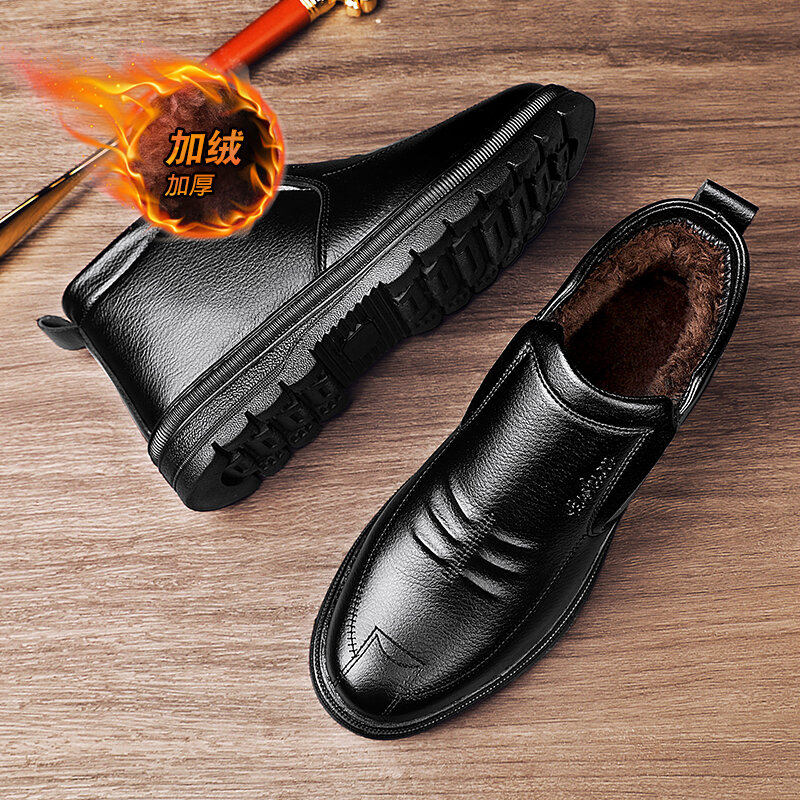Sapatos pretos de algodão quente à prova de frio masculino, sapatos de couro masculinos confortáveis simples, sapatos de negócios duráveis, casual mais veludo, inverno
