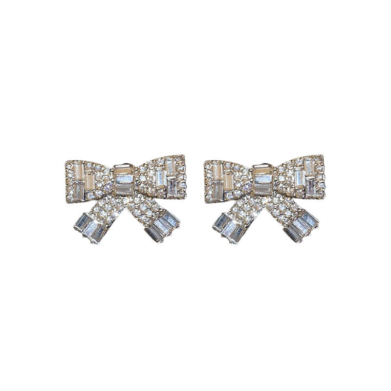 Full Rhinestone Bow Stud Earrings for Women Luxury Fashion Simple Female Jewelry