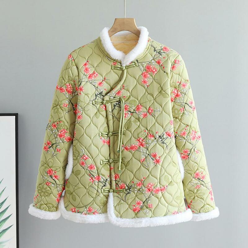 Chinese Style Women Jacket Cotton-Padded Disc Buttons Blossom Pattern Coat Thickened Fleece Lining Outwear