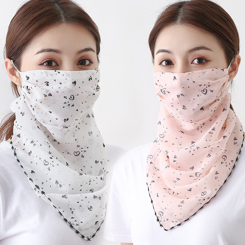 Masque facial en mousseline de soie à double couche pour femme, écharpe de protection solaire réglable, voile facial imprimé, couvre-cou, écharpe anti-poussière