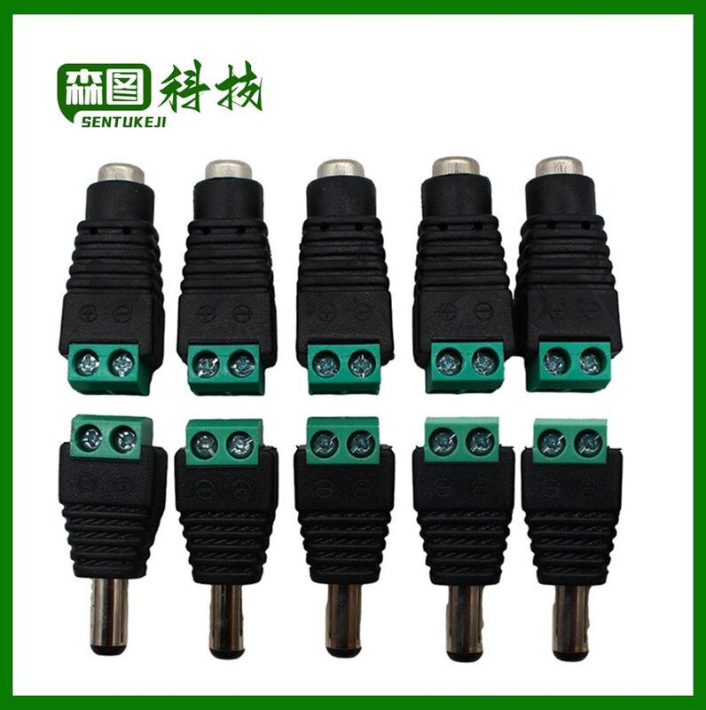 Feminino Masculino DC Power Plug Adapter, Single Color LED Strip e câmeras de CCTV, 5.5mm x 2.1mm, 5050, 3528, 5060