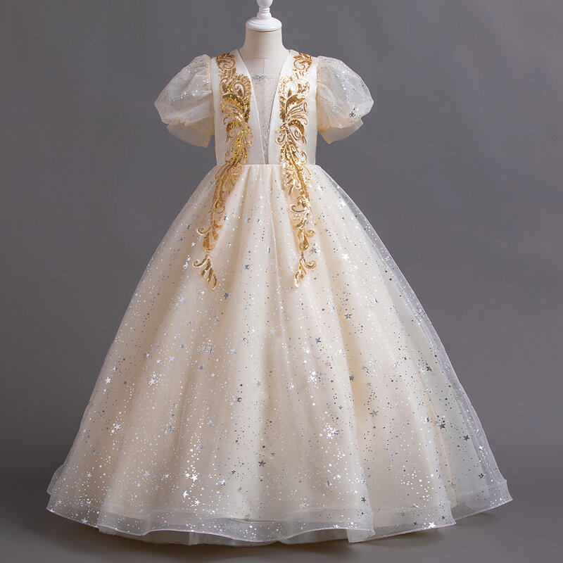 Robe de princesse élégante à manches courtes pour filles, robes à fleurs à paillettes, longueur au sol, occasion spéciale, costume personnalisé, 2023