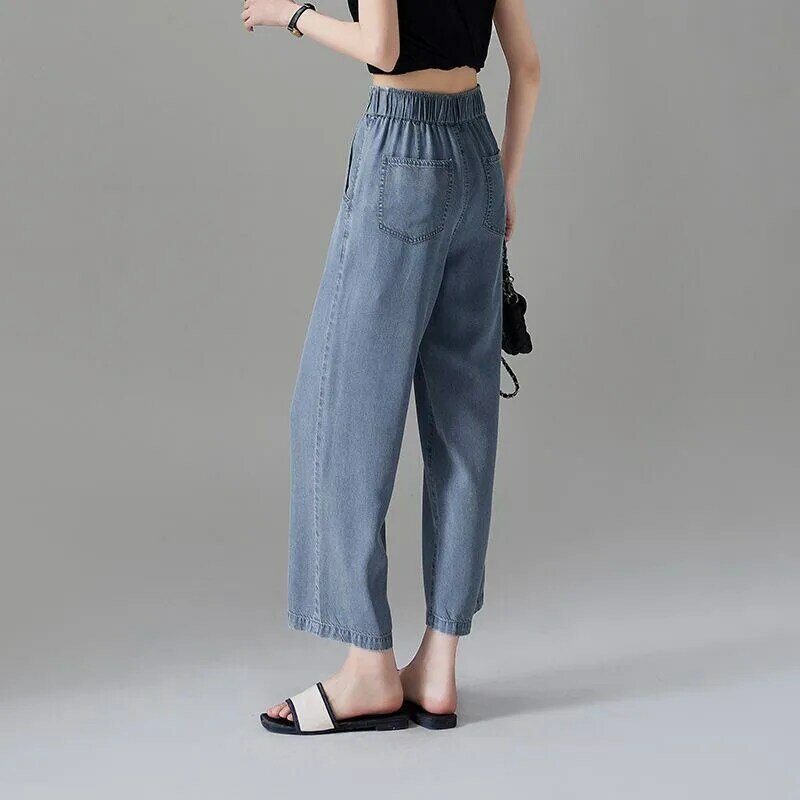 Новинка весна-лето 2023, модные корейские женские тонкие джинсовые брюки с широкими штанинами и эластичным поясом, универсальные повседневные джинсы до щиколотки P06