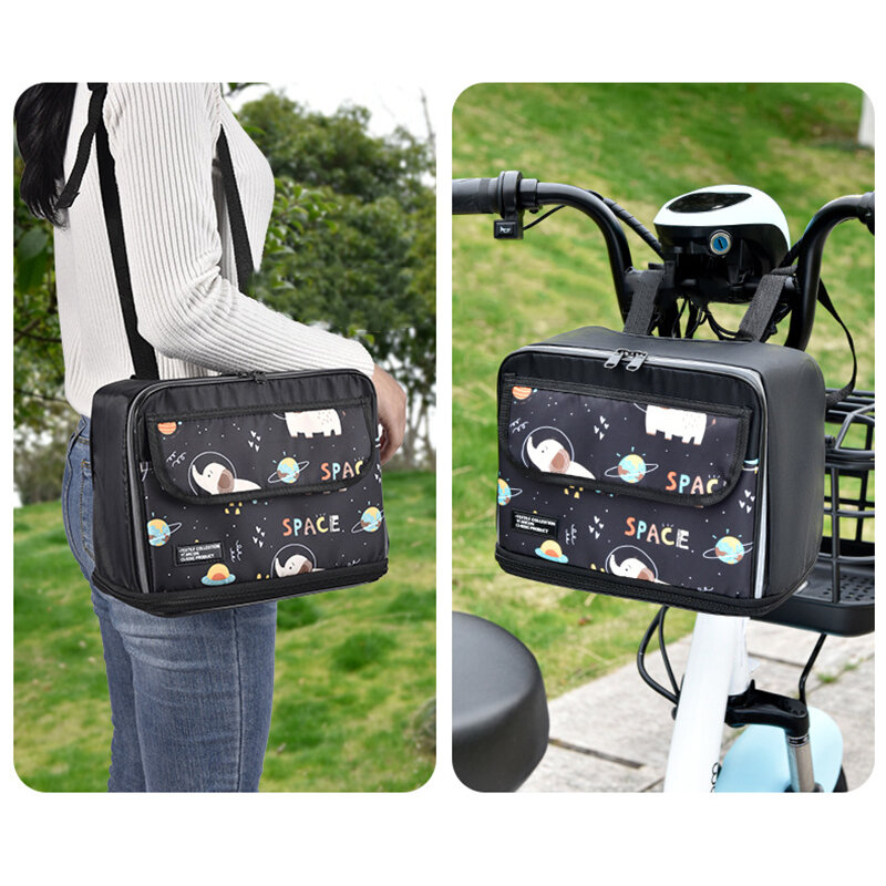 Electric Bicycle Storage Bag Cartoon Black Waterproof Cycling Front Hang Bags Portable Electric Bike Charger Raincoat Pocket