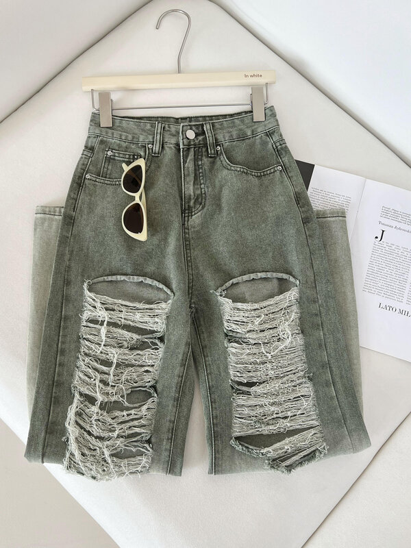Женские шикарные джинсы градиентного цвета, рваные широкие брюки, женская уличная одежда, свободные прямые джинсы с высокой талией