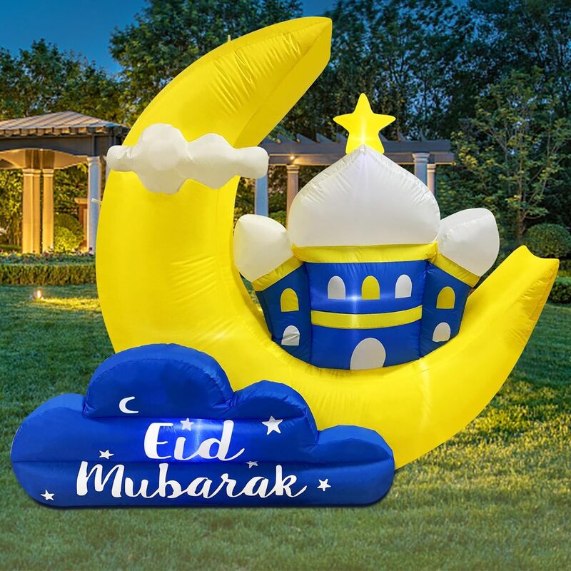 Decorações infláveis ao ar livre da lua do Ramadã, explosão iluminada, decoração muçulmana da celebração sagrada, Eid Mubarak infláveis, 7x6 ft