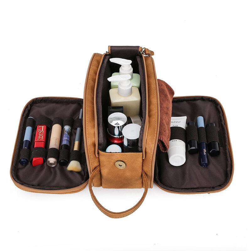 Bolsa de maquillaje portátil para hombre y mujer, estuche organizador de artículos de tocador de cuero PU, bolsa de cosméticos impermeable, bolsa de lavado de viaje