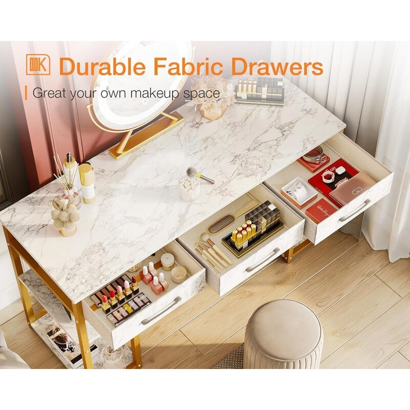 ODK Vanity Desk with Fabric Drawers & Storage Shelves, Makeup Dressing Table, Home Office Desks for Bedroom, Modern Writing