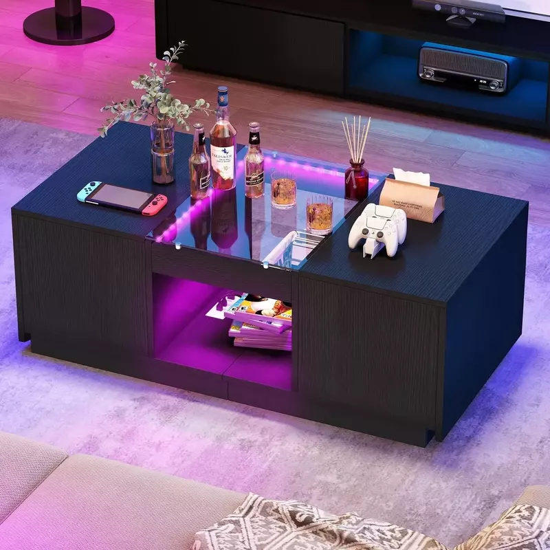 US Modern Coffee Table 2 Drawers with Charging Station and LED Lights End Table